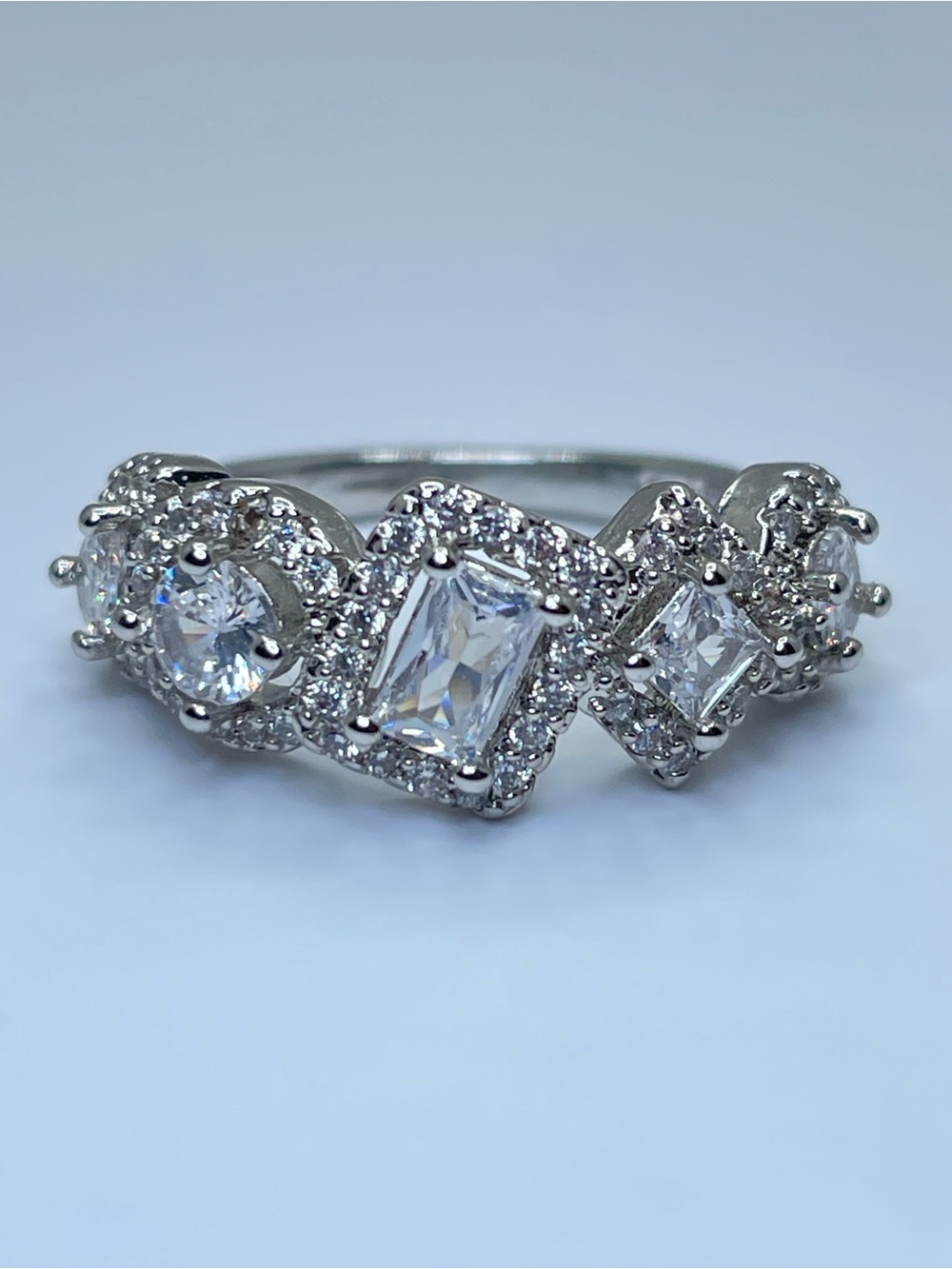 Silver Diamond White Cubic Zirconia Multi Shape Halo Band Ring Modern Glam